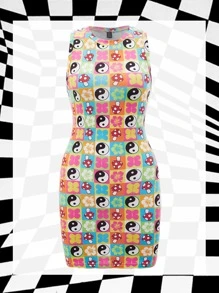 SHEIN Dopamine Dressing Yin & Yang Print Tank Bodycon Dress - Multicolor - View 1