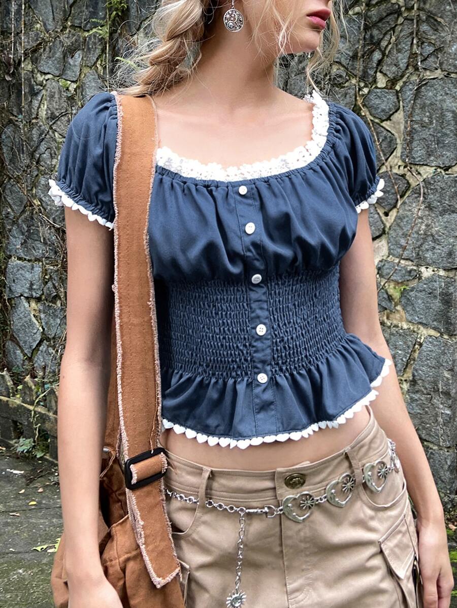 Grunge Guipure Lace Panel Ruched Shirred Peplum Blouse - Navy Blue - View 1