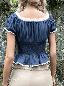 Grunge Guipure Lace Panel Ruched Shirred Peplum Blouse - Navy Blue - View 2