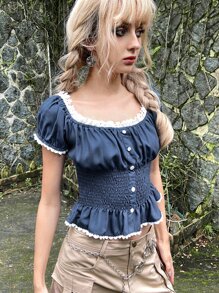 Grunge Guipure Lace Panel Ruched Shirred Peplum Blouse - Navy Blue - View 4