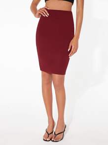 BizChic Solid Pencil Skirt - Maroon - View 3