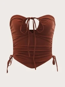 SHEIN ICON 前打結抽繩抹胸上衣 - 咖啡棕 - 查看 1