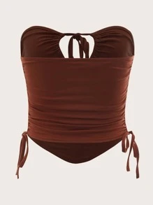 SHEIN ICON 前打結抽繩抹胸上衣 - 咖啡棕 - 查看 2
