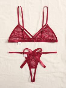 Classic Sexy Floral Lace Crotchless Lingerie Set - Burgundy - View 2
