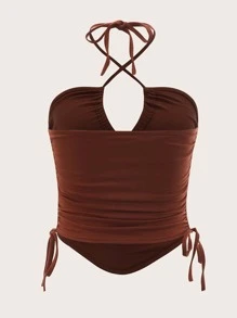 SHEIN ICON 前打結抽繩抹胸上衣 - 咖啡棕 - 查看 6