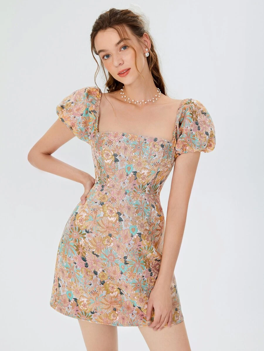 SHEIN MOD 滿版印花方領泡泡袖連衣裙 - 彩色 - 查看 1