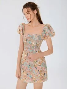 SHEIN MOD 滿版印花方領泡泡袖連衣裙 - 彩色 - 查看 5