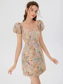 SHEIN MOD 滿版印花方領泡泡袖連衣裙 - 彩色 - 查看 3