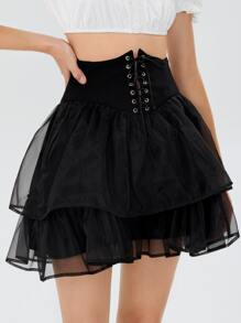 SHEIN MOD Lace Up Front Two Layer Hem Mesh Skirt - Black - View 6