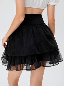 SHEIN MOD Lace Up Front Two Layer Hem Mesh Skirt - Black - View 5