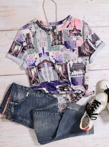 SHEIN LUNE Camiseta con estampado de edificio y slogan - Multicolor - Ver 1