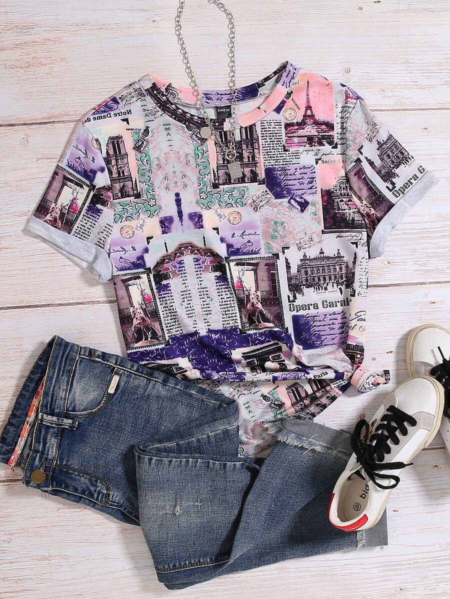 SHEIN LUNE Camiseta con estampado de edificio y slogan - Multicolor - Ver 1