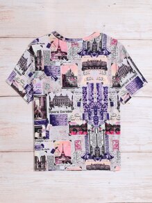 SHEIN LUNE Camiseta con estampado de edificio y slogan - Multicolor - Ver 2