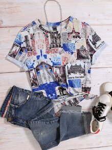 SHEIN LUNE Camiseta con estampado de edificio y slogan - Multicolor - Ver 1