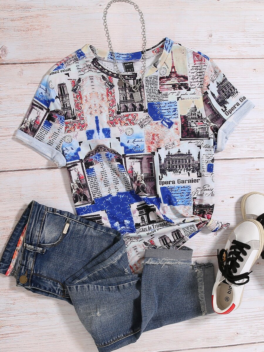 SHEIN LUNE Camiseta con estampado de edificio y slogan - Multicolor - Ver 1