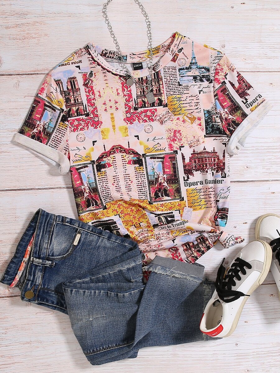 SHEIN LUNE Camiseta con estampado de edificio y slogan - Multicolor - Ver 1