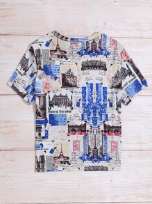 SHEIN LUNE Camiseta con estampado de edificio y slogan - Multicolor - Ver 2