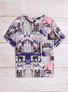 SHEIN LUNE Camiseta con estampado de edificio y slogan - Multicolor - Ver 5