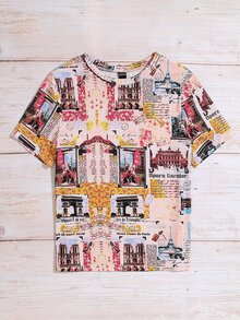 SHEIN LUNE Camiseta con estampado de edificio y slogan - Multicolor - Ver 4
