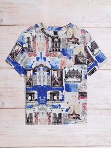 SHEIN LUNE Camiseta con estampado de edificio y slogan - Multicolor - Ver 5
