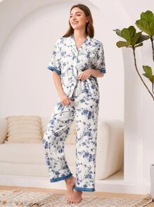 SHEIN Unity Floral Print Fringe Trim Sleep Trousers - Blue and White - View 1