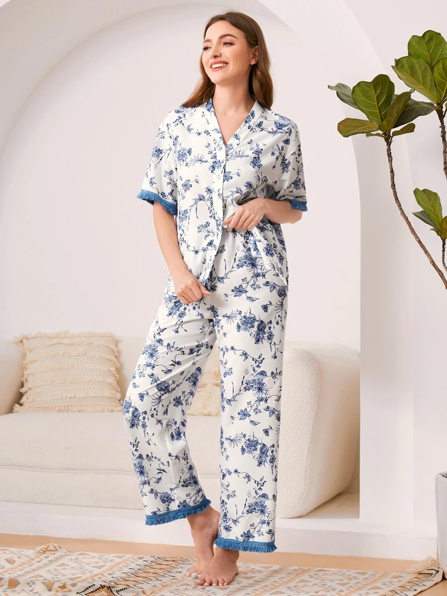 SHEIN Unity Floral Print Fringe Trim Sleep Trousers - Blue and White - View 1
