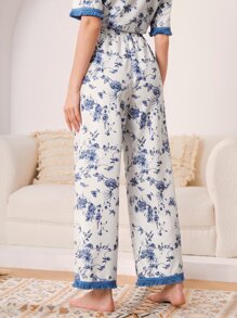 SHEIN Unity Floral Print Fringe Trim Sleep Trousers - Blue and White - View 2