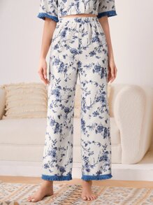 SHEIN Unity Floral Print Fringe Trim Sleep Trousers - Blue and White - View 3