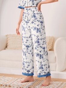 SHEIN Unity Floral Print Fringe Trim Sleep Trousers - Blue and White - View 4