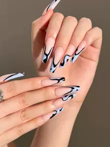 Elevate Your Style with 24pcs Long Coffin French Striped Fake Nail & 1pc Nail File & 1sheet Tape - Multicolor - View 1