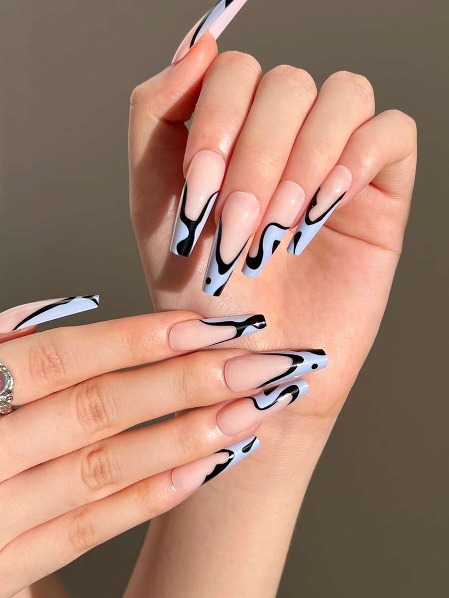 Elevate Your Style with 24pcs Long Coffin French Striped Fake Nail & 1pc Nail File & 1sheet Tape - Multicolor - View 1