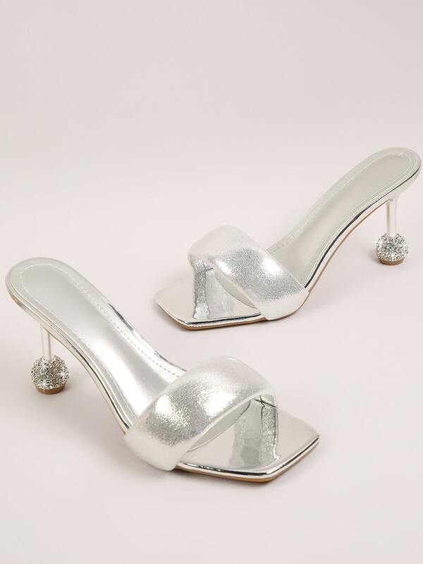 Square Toe Metallic Strap Disco Ball Heels SHEIN USA
