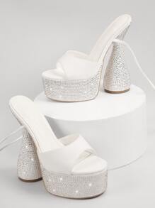 Rhinestone Detail Wrap Around Ankle Strap High Heels - White - View 2
