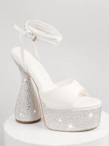 Rhinestone Detail Wrap Around Ankle Strap High Heels - White - View 4