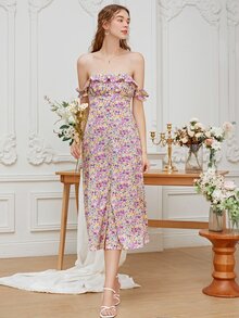 Allover Floral Print Button Front Ruffle Trim Bardot Dress - Multicolor - View 5