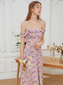 Allover Floral Print Button Front Ruffle Trim Bardot Dress - Multicolor - View 4