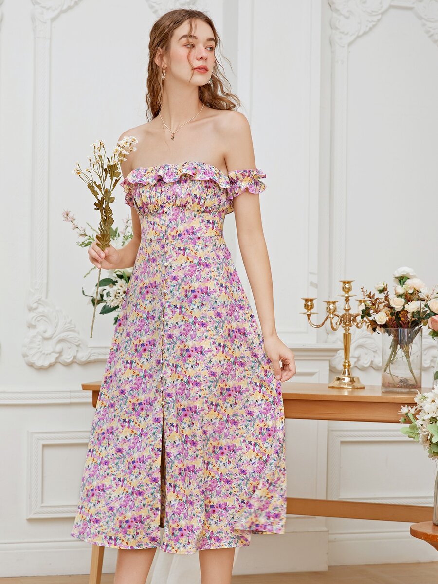 Allover Floral Print Button Front Ruffle Trim Bardot Dress - Multicolor - View 1