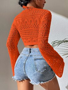 Knot Front Hollow Out Kimono, For Summer Beach Vacation - Orange - View 2