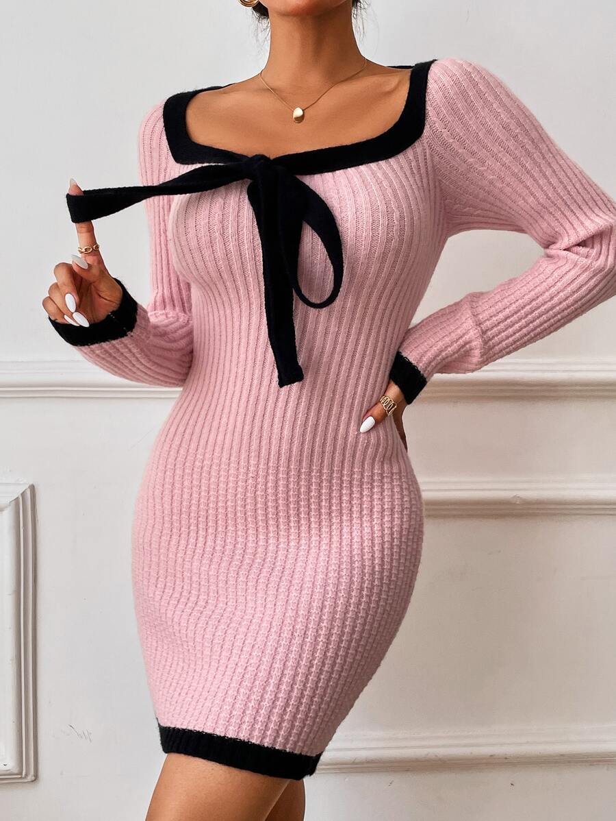 Chiquease Contrast Binding Tie Front Jumper Dress - Baby Pink - View 1