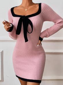 Chiquease Contrast Binding Tie Front Jumper Dress - Baby Pink - View 3