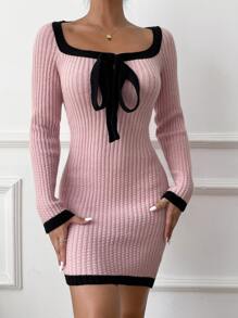 Chiquease Contrast Binding Tie Front Jumper Dress - Baby Pink - View 5