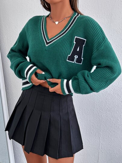 Letter Patched Striped Trim Sweater,Long Sleeve Tops Knit Pullover Fall Winter Outfit