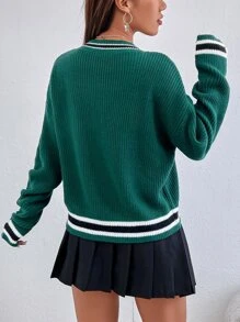 Chiquease Letter Patched Striped Trim Jumper - Dark Green - View 2