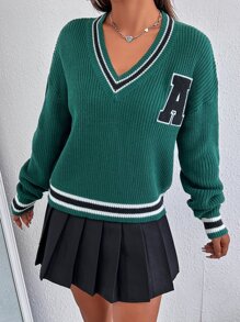 Chiquease Letter Patched Striped Trim Jumper - Dark Green - View 5