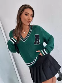 Chiquease Letter Patched Striped Trim Jumper - Dark Green - View 6