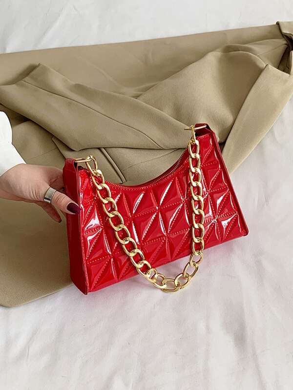 Artificial Patent Leather Quilted Chain Bag
