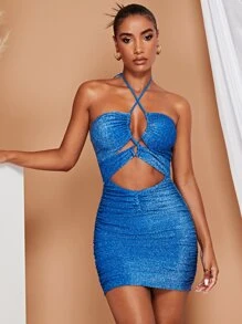 SHEIN BAE Crisscross Tie Back Ruched Front Glitter Halter Bodycon Dress - Royal Blue - View 3