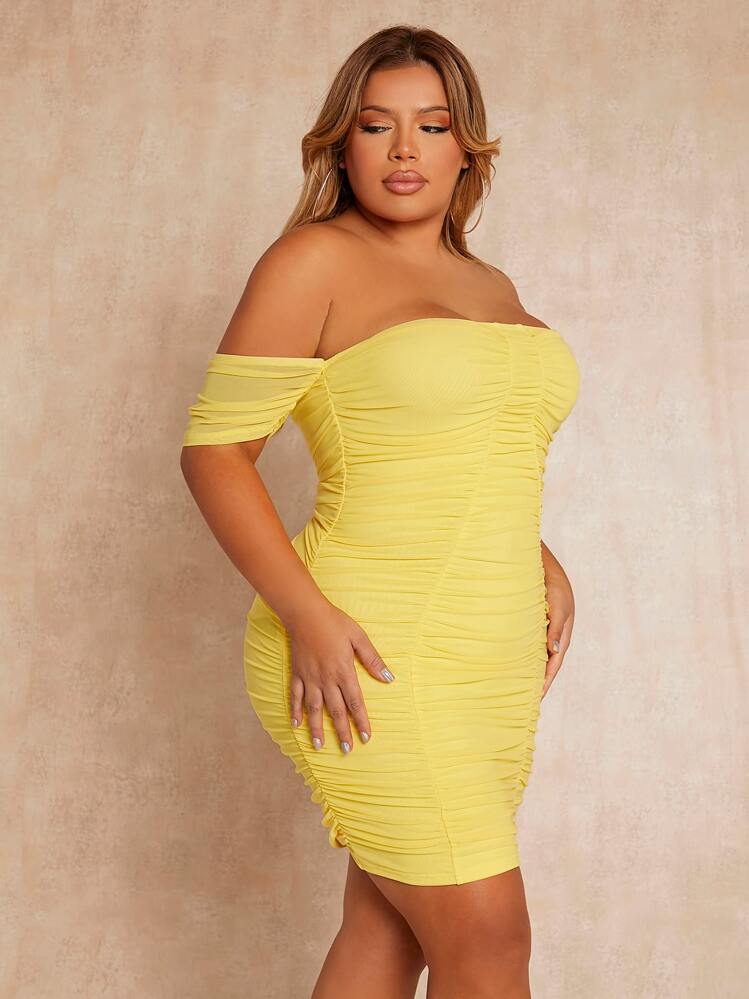SHEIN SXY Plus Off Shoulder Ruched Mesh Bodycon Dress | SHEIN USA