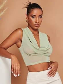 SHEIN Cowl Neck Crop Tank Top - Mint Green - View 3