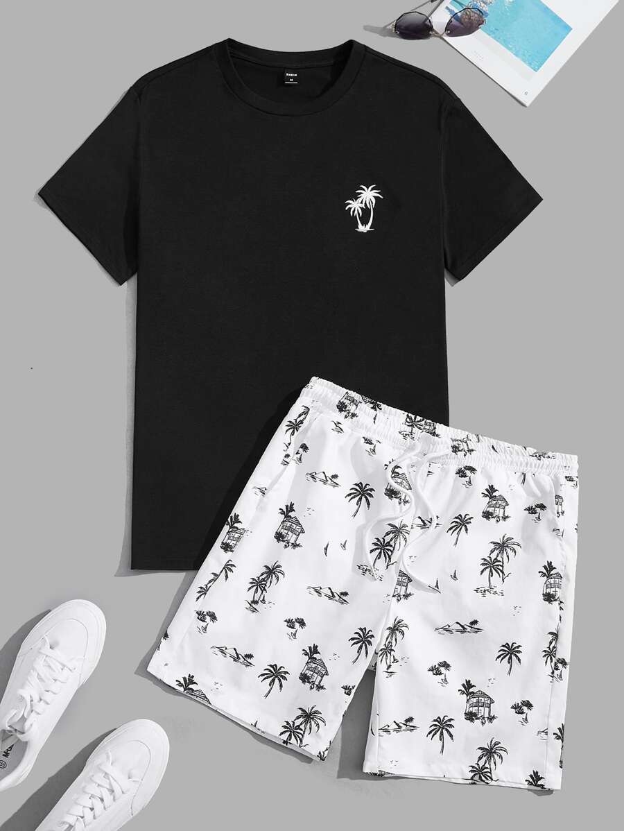 Manfinity VCAY Men Color Block Tropical Graphic Print Tee & Drawstring Waist Shorts For Boyfriend Gift - Black - View 1